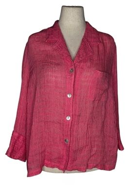 French Laundry 2X Pink Linen Button Front Crinkle Blouse Shirt